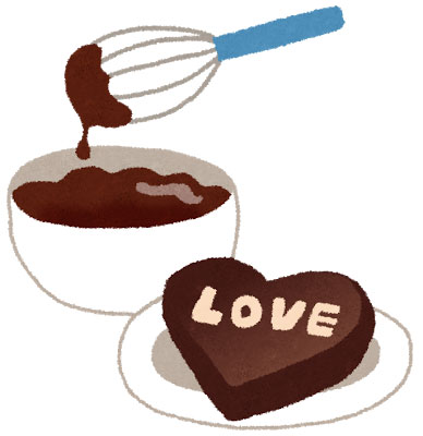 バレンタインデーの手作りチョコレートのイラスト。湯煎したチョコと完成したチョコ