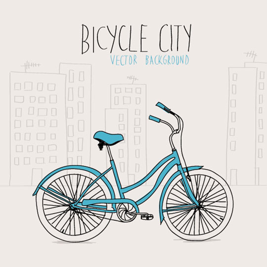 自転車とビルの立ち並ぶ町並みをラフなタッチで描いたベクターイラスト