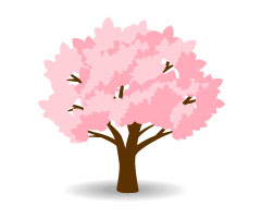 満開の桜の木のイラストアイコン。シンプルで使いやすいデザイン。