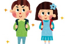ランドセルを背負った男の子と女の子のイラスト。入学式のデザインに。