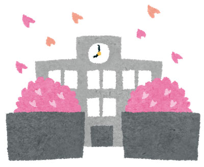 無料素材 桜吹雪が舞う学校の校門を描いたイラスト 入学式や新学期のデザインに