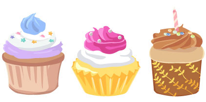 3種類のカップケーキのイラスト。カワフルなホイップクリームがガーリーなデザイン。