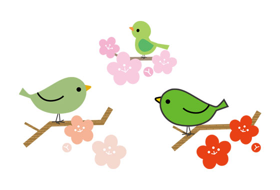 ウメの花とかわいい鶯のイラスト素材セット 春らしいデザインに
