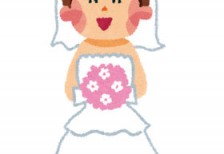 ウェディングドレスを着たかわいい花嫁のイラスト。胸元にはピンク色のきれいなブーケ。