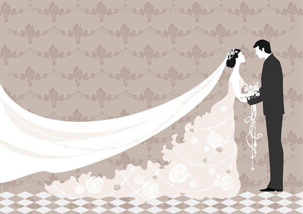 花嫁の大きなベールが大胆で綺麗なデザインのウェディングカードのベクターイラスト