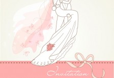 新郎が新婦をお姫様だっこしているデザインのピンクの結婚式の招待状のテンプレート