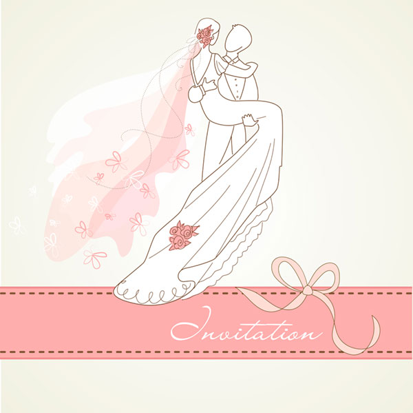 新郎が新婦をお姫様だっこしているデザインのピンクの結婚式の招待状のテンプレート