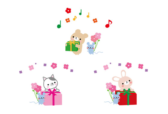 お祝いのプレゼントを描いたイラスト素材セット。クマやウサギやネコなど。