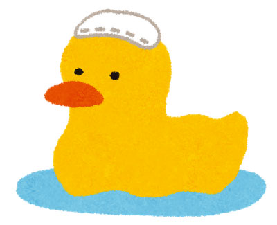 お風呂に浮かべるアヒルのおもちゃのイラスト。頭にタオルを乗せたカワイイデザイン。