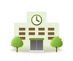 フリー素材 学校の校舎のイラストアイコン 正面から見たデザインとグリーンの色使いがシンプル