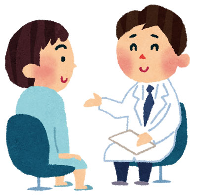 フリー素材 問診を受ける患者さんと笑顔で説明をするお医者さんのイラスト