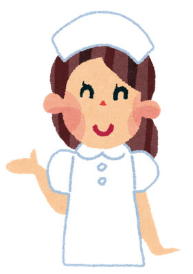 笑顔で案内をしてくれる看護婦さんのかわいいイラスト。病院や健康診断のデザインに。