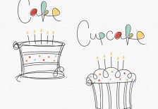 ホールケーキとカップケーキの誕生日のベクターイラスト。細いラインで描いたシンプルなデザイン。