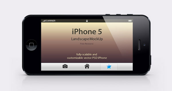 iPhone5のモックアップテンプレートPSD素材。リアルなランドスケープ表示。