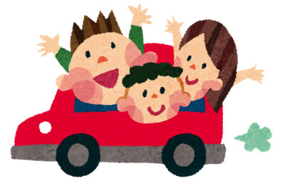 無料素材 車でドライブする家族を描いたイラスト お父さん お母さん 子供の楽しそうなデザイン