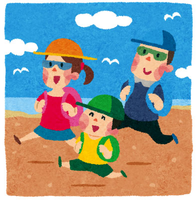 海水浴にきた家族を描いたイラスト。家族3人でビーチを走る楽しいデザイン。