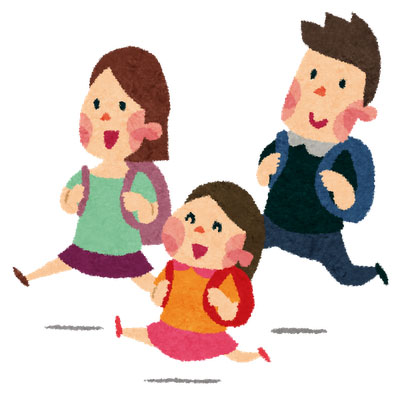 ピクニックに出かける家族のイラスト。リュックサックを背負って歩くかわいいデザイン。