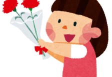 お母さんにカーネーションの花束をプレゼントする女の子のイラスト素材。母の日にぴったり。