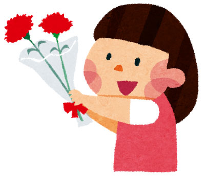 お母さんにカーネーションの花束をプレゼントする女の子のイラスト素材。母の日にぴったり。