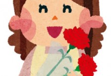 母の日に花束をもらったお母さんのイラスト。嬉しそうな笑顔がかわいいデザイン。