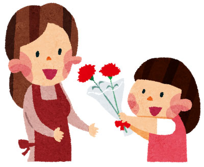 お母さんに花をプレゼントする娘を描いた母の日のイラスト。とっても優しい雰囲気。