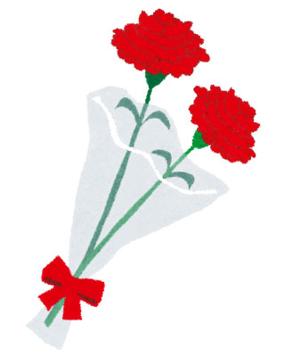 赤いカーネーションの花束のイラスト。花びらまで繊細に描かれていて綺麗。