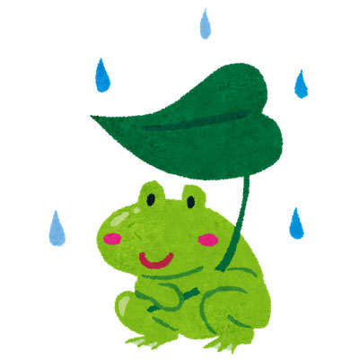 葉っぱをカサにした雨の日のカエルのイラスト。梅雨のデザインに。