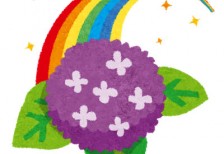 虹と紫陽花を描いたフリーイラスト。梅雨や雨上がりのデザインに。