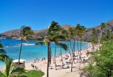 ハワイのビーチを遠くから撮影したフリー写真素材。爽やかな青い海と空がとっても綺麗。