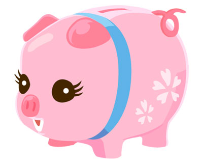 ブタの貯金箱を描いたイラスト。ピンクのカラーリングや表情がかわいいデザイン。