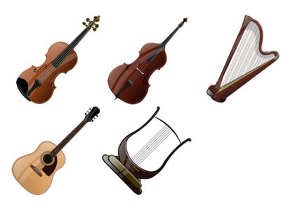 バイオリンやチェロにハープなど、クラシック音楽で使われる楽器をモチーフにしたイラストアイコンセット