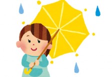 雨の中で傘をさした女の子を描いたかわいいイラスト。青と黄色の色使いが綺麗。