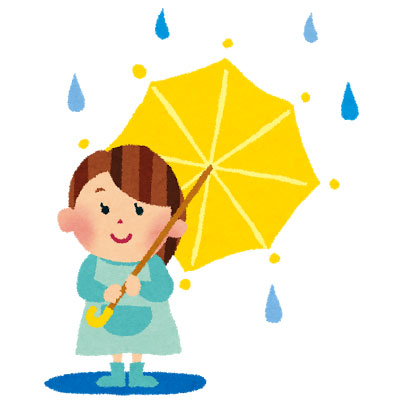雨の中で傘をさした女の子を描いたかわいいイラスト。青と黄色の色使いが綺麗。