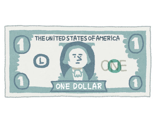 1ドル札を描いたフリーイラスト。デフォルメされたワシントン大統領がかわいいデザイン。
