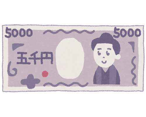五千円札を描いたフリーイラスト。デフォルメされた樋口一葉がかわいいデザイン。
