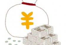 円マークが描かれたお金が入った袋や山積みになった紙幣のイラスト