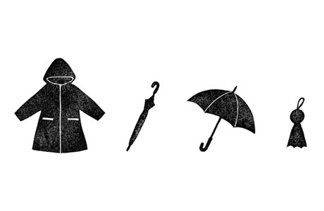 レインコートや傘にてるてる坊主などを描いたフリーイラスト素材セット