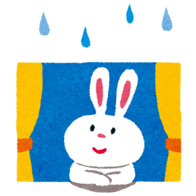窓から顔を出して外の雨を見つめるウサギのかわいいイラスト