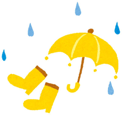 黄色いカサと長靴を描いたフリーイラスト。梅雨の時期のデザインに。