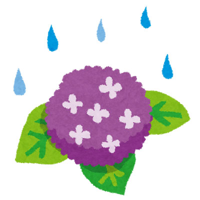 雨と紫陽花の花を描いたフリーイラスト。やわらかい手描きタッチが綺麗。