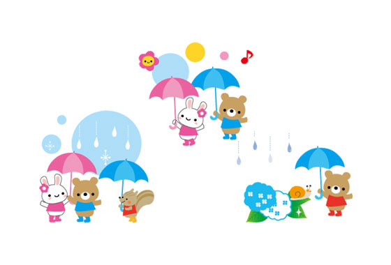 梅雨をテーマにしたかわいい動物達のフリーイラスト素材セット