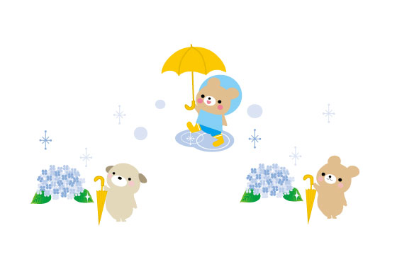 フリー素材 雨の日のかわいい動物達を描いた梅雨のフリーイラスト素材セット