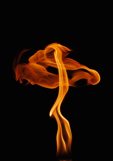 やわらかく燃え上がる炎を黒バックで撮影したフリー写真