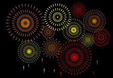 空に上がった打ち上げ花火を描いたフリーイラスト素材セット