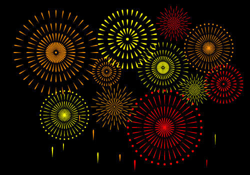 空に上がった打ち上げ花火を描いたフリーイラスト素材セット