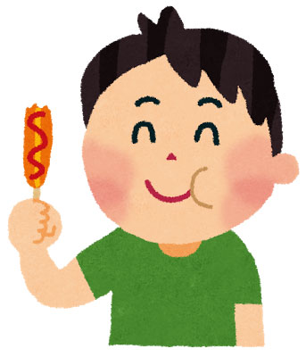 フリー素材 フランクフルトを美味しそうに食べる男の子を描いたフリーイラスト