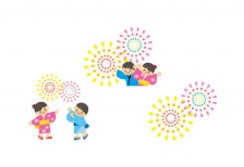 浴衣を着た子供達の楽しい花火大会を描いたフリーイラストセット