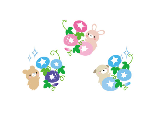 あさがおの花とかわいい動物達を描いたかわいいイラストセット