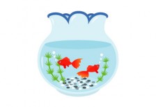 金魚鉢を描いたフリーイラスト。涼しげな水色に金魚の赤が映えて綺麗。