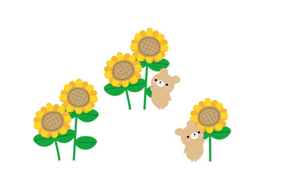 フリー素材 ひまわりの花と動物達を描いたかわいいイラストセット